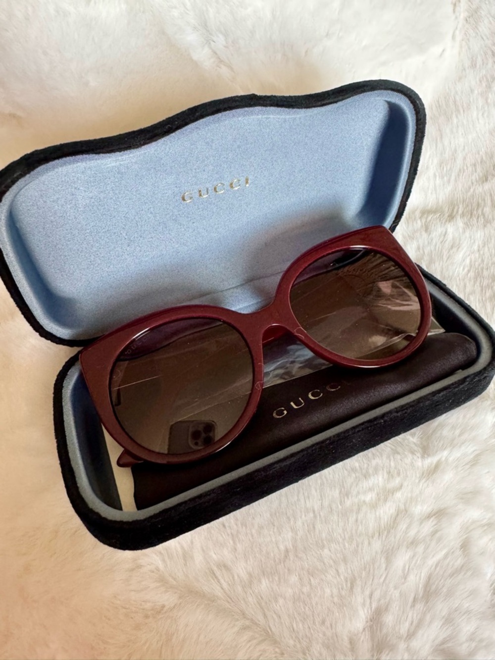 Gucci Women's Burgundy Round Frame Sunglasses with Dark Lenses
